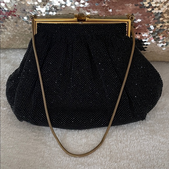 Vtg. Micro Beaded Elegant Black Evening Clutch Purse Mother of Pearl - Picture 11 of 11